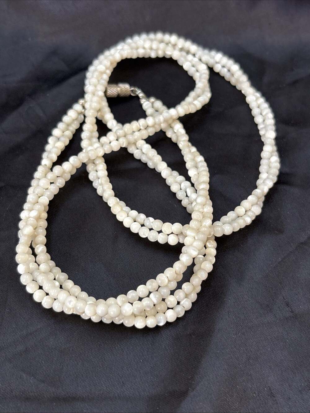 Vintage Delicate Long Mother Of Pearl Beaded Necklace Tiny Beads 2 Strand Twist